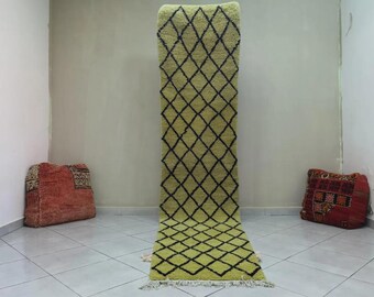Handmade Wool Moroccan Runner Rug: Yellow Berber carpet, Modern Geometric Design
