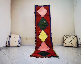 Handgemaakt rood Marokkaans wollen loper - 2 x 9 ft kleurrijke vintage hal vloerkleed