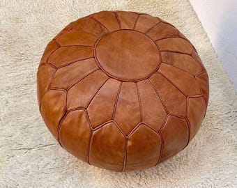 Premium XL Skandinavischer Leder Pouf, Braun Karamell, marokkanischer Leder Pouf, Leder Sitzpouf, Braun Karamell