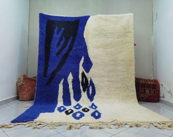 Blue & White Beni Ourain Rug: Authentic Moroccan Wool Carpet
