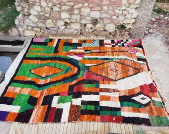 Handmade Orange and green Berber Rug, Colorful Moroccan Area Rug