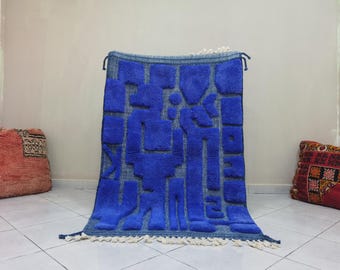 Handmade Blue Moroccan Wool Rug: Beni Ourain Berber Carpet