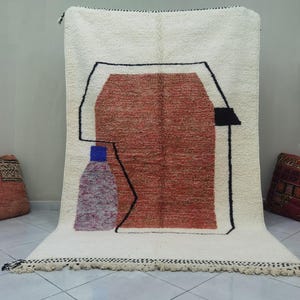 Tappeto Beniourain unico, tappeto marocchino per soggiorno, tappeto bianco e marrone, tappeto fatto a mano, tappeto tessuto a mano, tappeto da area, tappeto boho marrone e bianco