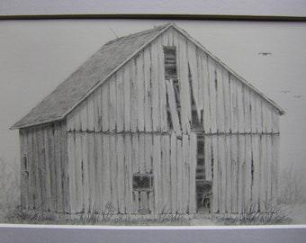 Graphite pencil barn art Old wooden barn original pencil drawing
