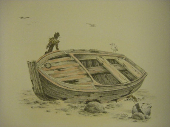 Wood Boat Weathered Original Drawing Graphite Pencil Etsy