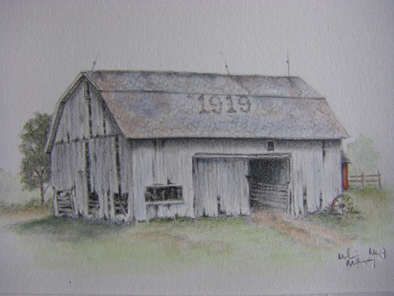 Old Rustic Barn Art Weathered Watercolor And Graphite Pencil Etsy
