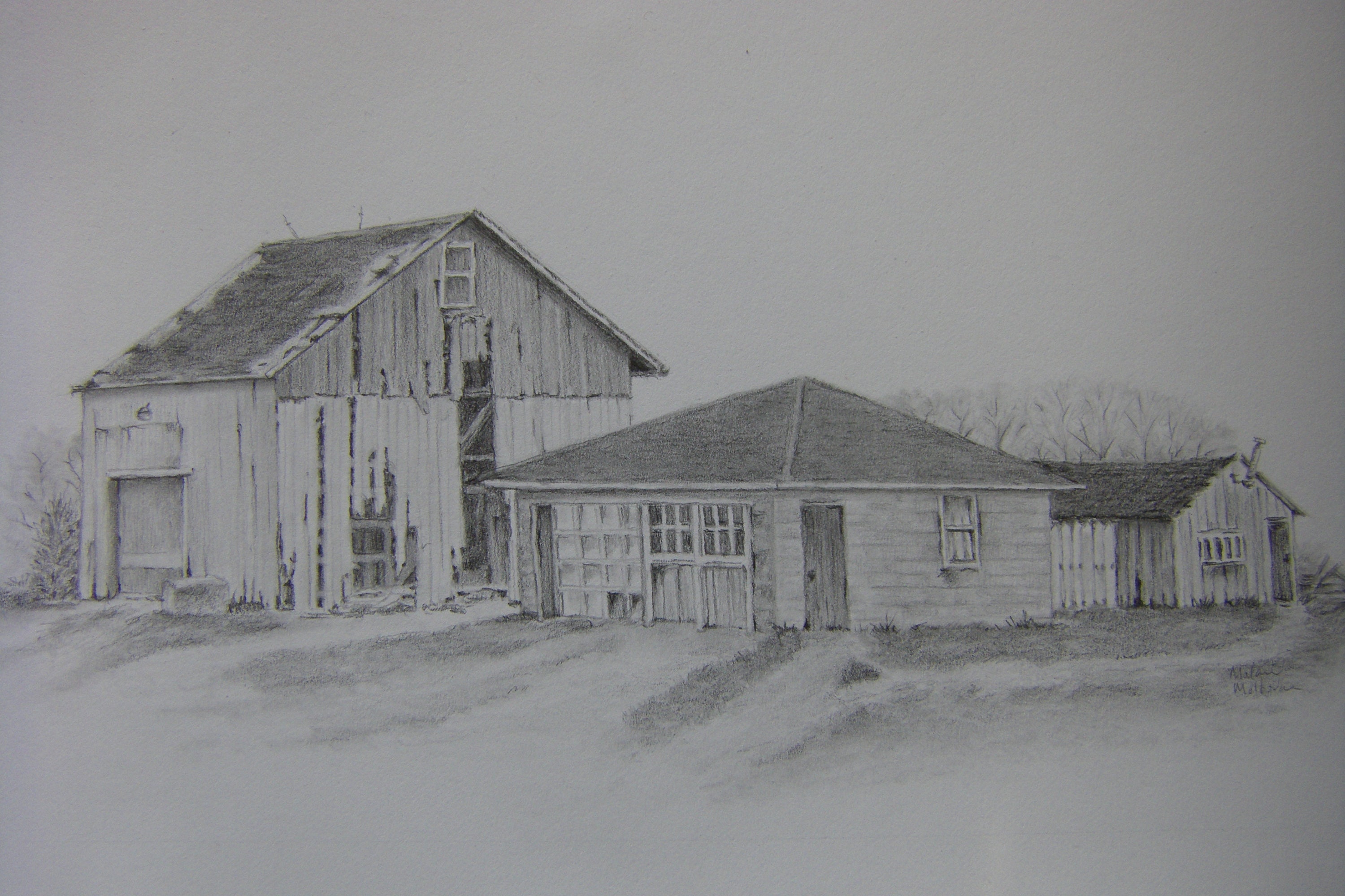 Barn Art Old Garage Original Landscape Scene Graphite Pencil