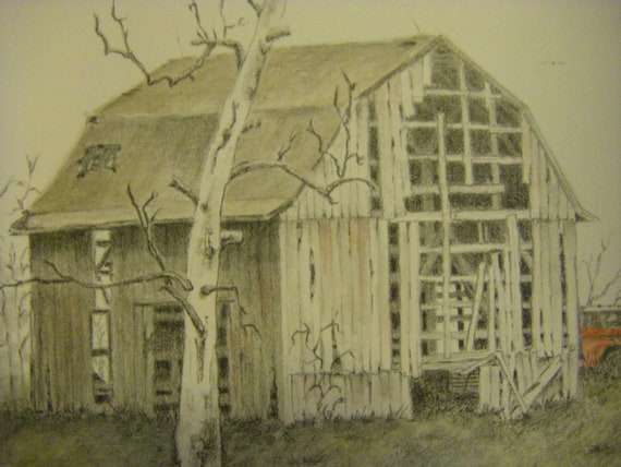 White Weathered Old Barn Red Truck Old Tree Pencil Drawing Etsy