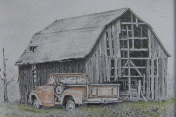 Barn Art Pencil Drawing Gone But Not Forgotten Old Truck Etsy