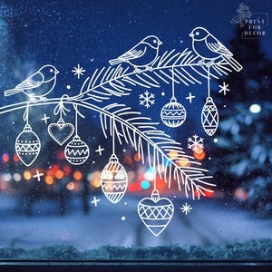 Christmas Swag Window Art Template – Bullfinches on branches & Hanging Ornaments, Printable Chalk Marker Winter Decor PDF or PNG