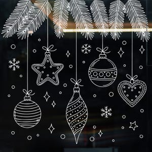 以下が含まれることがあります： 黒い背景に白い線画で描かれたクリスマスオーナメント。星、ハート、しずく型、2つの丸いオーナメントが含まれています。雪の結晶と星も含まれています。