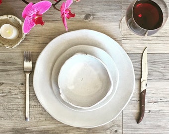 White ceramic dinnerware set - set of 3 - handmade dinner plate - salad plate - soup bowl ceramic dinner plate