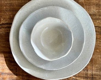 Santa Barbara off-white ceramic plates white dinnerware - silky off-white glaze - cool and clean SET FOR ONE (5 pieces)