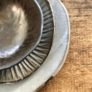 Handmade Ceramic Dinnerware Set: Gray Plates, Gold Bowl - Set for One