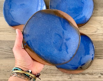 Terracotta & Blue Ceramic salad plates - set of 4