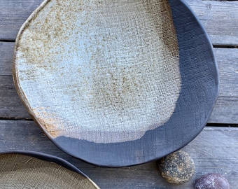 Ceramic serving Platter-Bowl Black & white - with linen texture