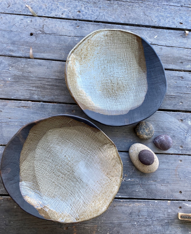 Ceramic Serving Platterbowl Black & White With Linen Texture Etsy