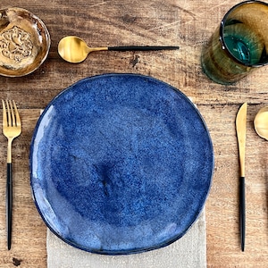Blue Ceramic Dinner Plates - Handmade Stoneware Dinnerware Set of 4