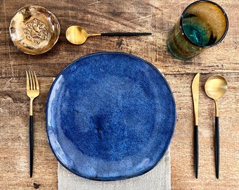Blue Ceramic Dinner Plates - Handmade Stoneware Dinnerware Set of 4