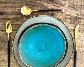 Turquoise Dinnerware set  - Sedona - contemporary ceramic plates - set for one person - 3 pieces