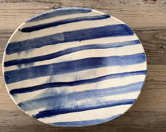 Oval Serving Bowl 12" White and Blue