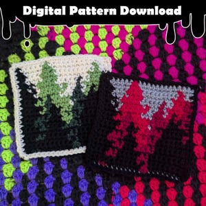 May include: Two crochet squares, one with a green and black design and the other with a red and black design, are displayed on a background of colorful crochet squares. The text "Digital Pattern Download" is at the top of the image.