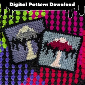 May include: Two crochet squares featuring mushroom designs. The square on the left has a grey mushroom with a white stem. The square on the right has a red mushroom with a pink stem. Both squares have a black border.