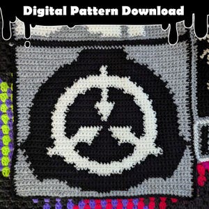 May include: A crochet pattern featuring the logo of the fictional organization, the SCP Foundation. The logo is a white symbol on a black background, surrounded by a gray border. The pattern is made up of individual squares, each with a different color.