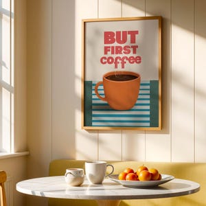 Mas primeiro café tipografia moderna, pôster de ilustração de xícara de café minimalista, impressão de arte de parede