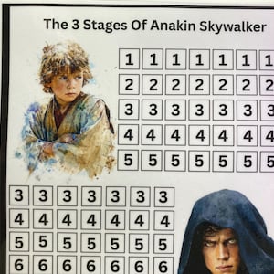 May include: A framed print titled "The 3 Stages Of Anakin Skywalker" featuring watercolor portraits of Anakin Skywalker at different ages. The image includes a grid of numbers from 1 to 6, likely for a game or activity.