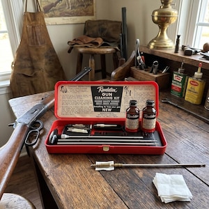 May include: A red metal Revelation gun cleaning kit box containing two glass bottles of solvent, a T-handle cleaning rod, and various attachments. The open lid displays printed cleaning instructions. A separate metal cleaning rod and white cloth squares lie on the wooden surface.