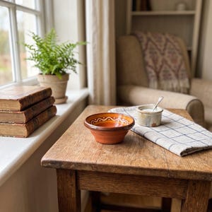 May include: A small, round, terracotta-colored ceramic bowl with a glossy finish and a white hand-painted wavy line pattern around the inner rim. The bowl has a wide, flared edge and a deep, rounded base, sitting on a wooden surface.