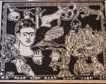 Linocut “Mexican imaginary”, lino print , hand carved and hand printed, signed limited edition, black and white on high-quality paper