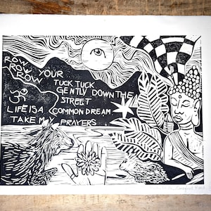 Linocut “India&#39;s magic”, lino print wall poster, hand carved and hand printed, signed limited edition, black and white on high-quality paper