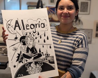 Linocut “Alegria”, lino print wall poster, hand carved and hand printed, signed limited edition, black and white on high-quality paper