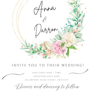 花柄のゴールドリングの結婚式招待状テンプレート | 編集可能な Canva デザイン | 個人使用のみのデジタルダウンロード | 印刷可能な結婚式招待状