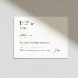 Plantilla de menú de bar de bodas modernista / Letrero de bebidas editable en Canva / Letrero de bar de 10 x 8 en blanco y negro para el día de la boda