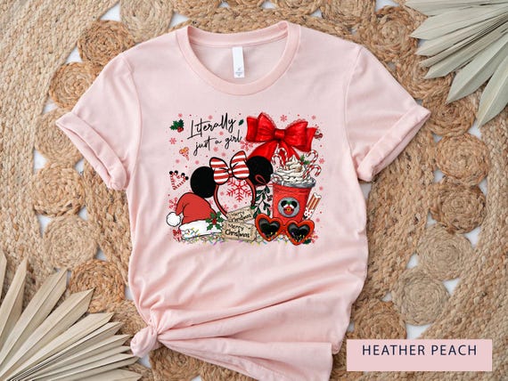 Disney Literally Just A Girl Christmas Shirt Minnie Bow Coffee Tee, Disney Merry Christmas Shirt Disneyland Christmas Tee Disney Girl's Trip