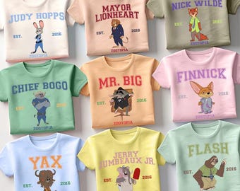 Disney Zootropolis Est-tröja, födelsedagspresent till Zootropolis-fan, Disneyland-tröjor Disney World-tröja | Nick Wilde, Judy Hopps, Gazelle, Flash