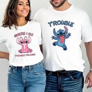 Where I Go Trouble Follows Shirt, Stitch Valentines Couple Tee, Trouble Tee,Disney Trip Shirt, Couple Matching Shirt,Disney Mr And Mrs Shirt image 2