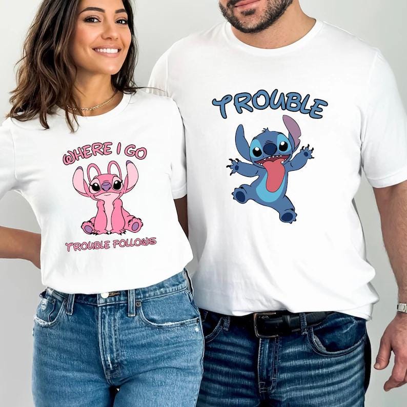 Where I Go Trouble Follows Shirt, Stitch Valentines Couple Tee, Trouble Tee,Disney Trip Shirt, Couple Matching Shirt,Disney Mr And Mrs Shirt image 2
