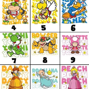 May include: A grid of fifteen squares featuring Nintendo characters including Mario, Luigi, Toad, Bowser Jr, Koopa, Kamek, Yoshi, Bowser, Toadette, Daisy, Rosalina, Peach, Dry Bones, Birdo, and Blue Toad, each with their name repeated in the background.