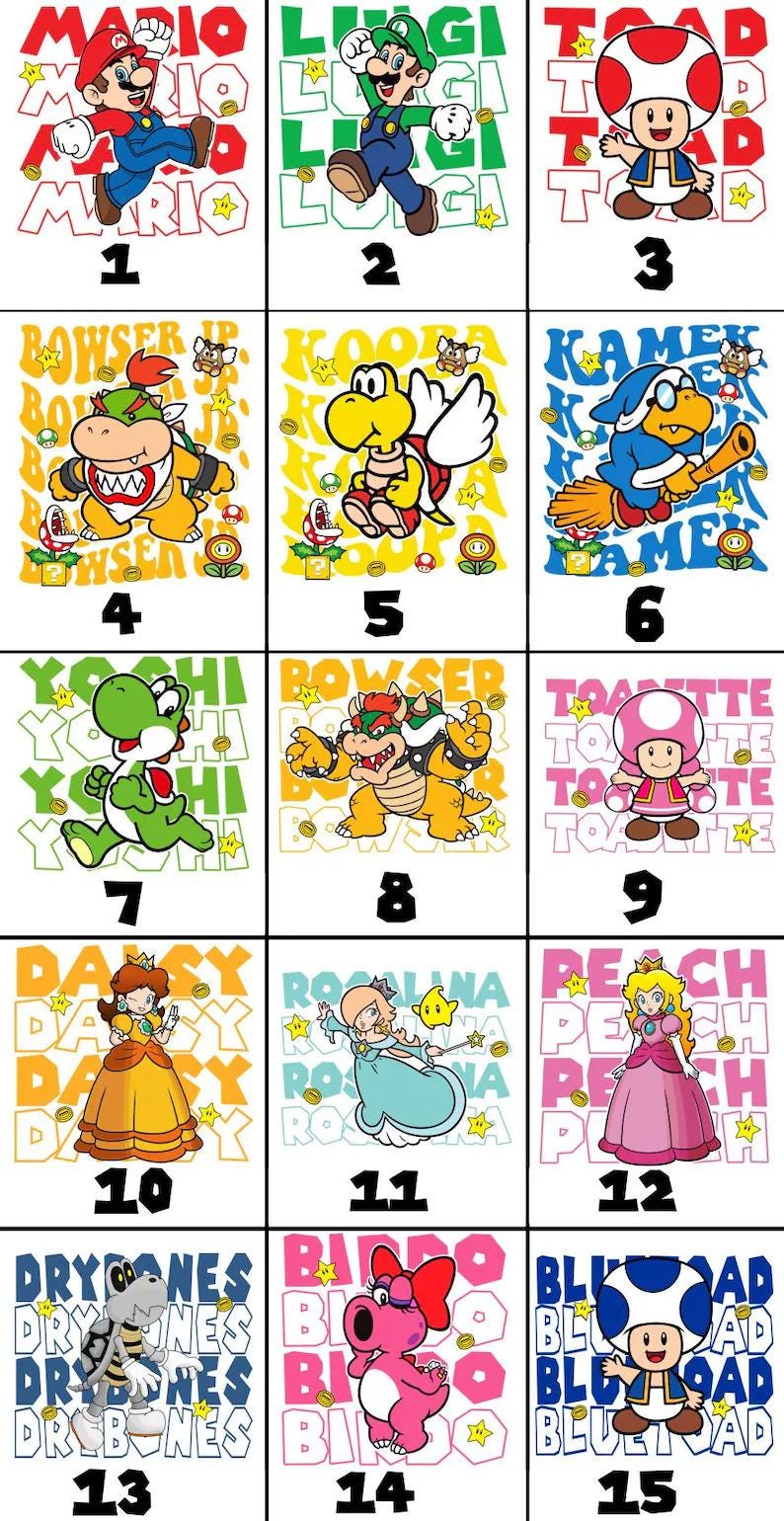 May include: A grid of fifteen squares featuring Nintendo characters including Mario, Luigi, Toad, Bowser Jr, Koopa, Kamek, Yoshi, Bowser, Toadette, Daisy, Rosalina, Peach, Dry Bones, Birdo, and Blue Toad, each with their name repeated in the background.