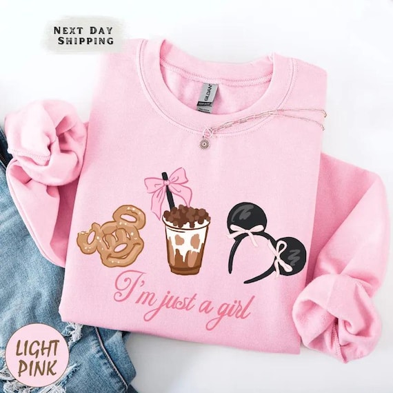Disney Cake Bow Coffee Girly Sweatshirt, I'm Just a Girl Pastel Pullover, Magic Kingdom Fairytale Style, Coquette Aesthetic for Girls
