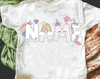 Camiseta personalizada con nombre de unicornio, camiseta de cumpleaños de unicornio, fiesta temática de unicornio, camiseta personalizada de unicornio para niña, camiseta de unicornio personalizada