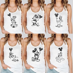 Musse Minnie Daisy Donald Långben Pluto Skiss Linne, Disney Matchande Racerback Topp, Disney Skiss Topp, Disneyland Damlinne