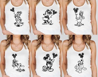 Musse Minnie Daisy Donald Långben Pluto Skiss Linne, Disney Matchande Racerback Topp, Disney Skiss Topp, Disneyland Damlinne