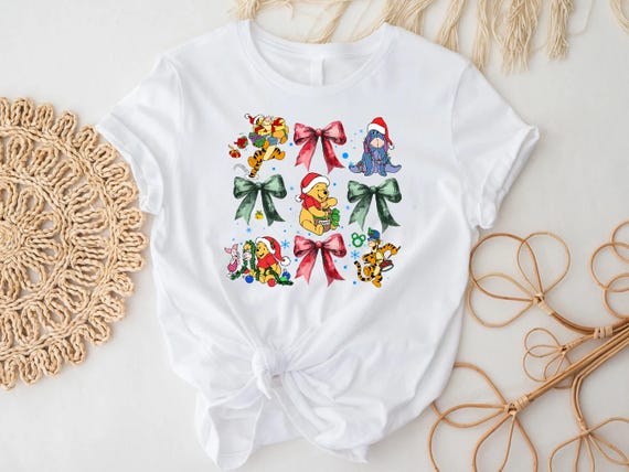 Winnie The Pooh Christmas Coquette Bow Shirt, Pooh bear and Friends Xmas Tee, Disney Pooh Friends Tee, Eeyore Tigger Piglet Gifts