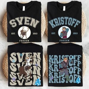 May include: Four black t-shirts with "Frozen" character designs. Two shirts feature "Sven" with a reindeer graphic, and the other two feature "Kristoff." Each design includes the text "EST. 2013."