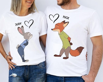 Camiseta de Disney Zootopia 2 de Judy Hopps y Nick Wilde, linda camiseta de San Valentín con una pareja de zorros y conejos, divertidos conjuntos de pareja Disney para un viaje.